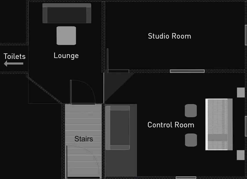 Floor plan of the studio: lounge, studio room, control room, stairs and toilets