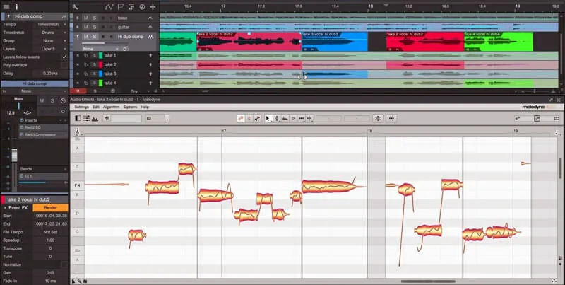 Vocal tuning software showing the notes of a vocal track